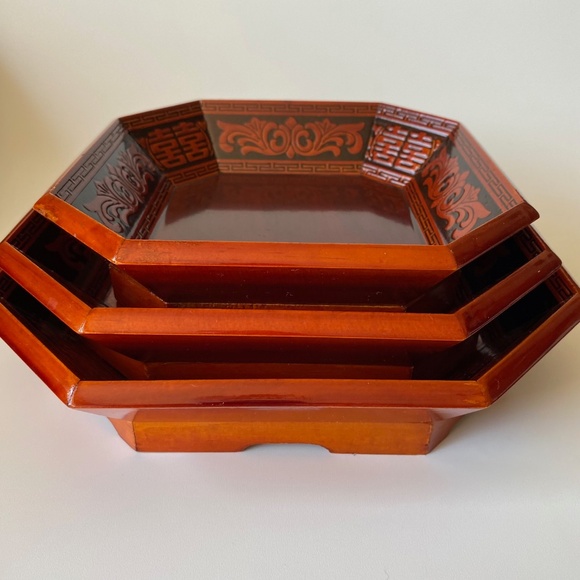 Korean Wooden Lacquer Serving Bowls Set of 3 Octagon Shaped Stackable Vintage - Picture 4 of 9